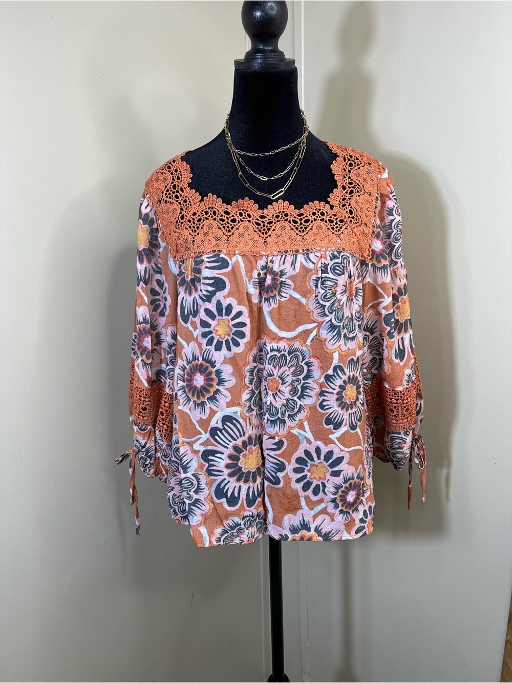Zac & Rachel Orange Floral Crochet-Yoke Tunic